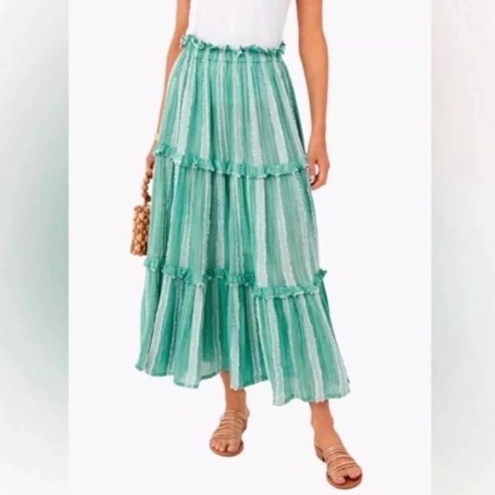 Tuckernuck Stripe Gauze Prado Maxi Skirt Green White Striped Frayed Paperbag XXL